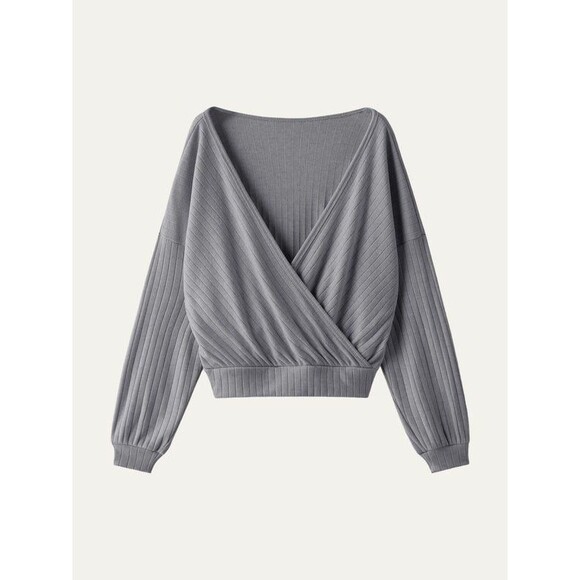 NWT OGL Wide Rib Surplice Top Long Sleeve V Neck Heather Gray Size Small Wrap - Picture 1 of 12